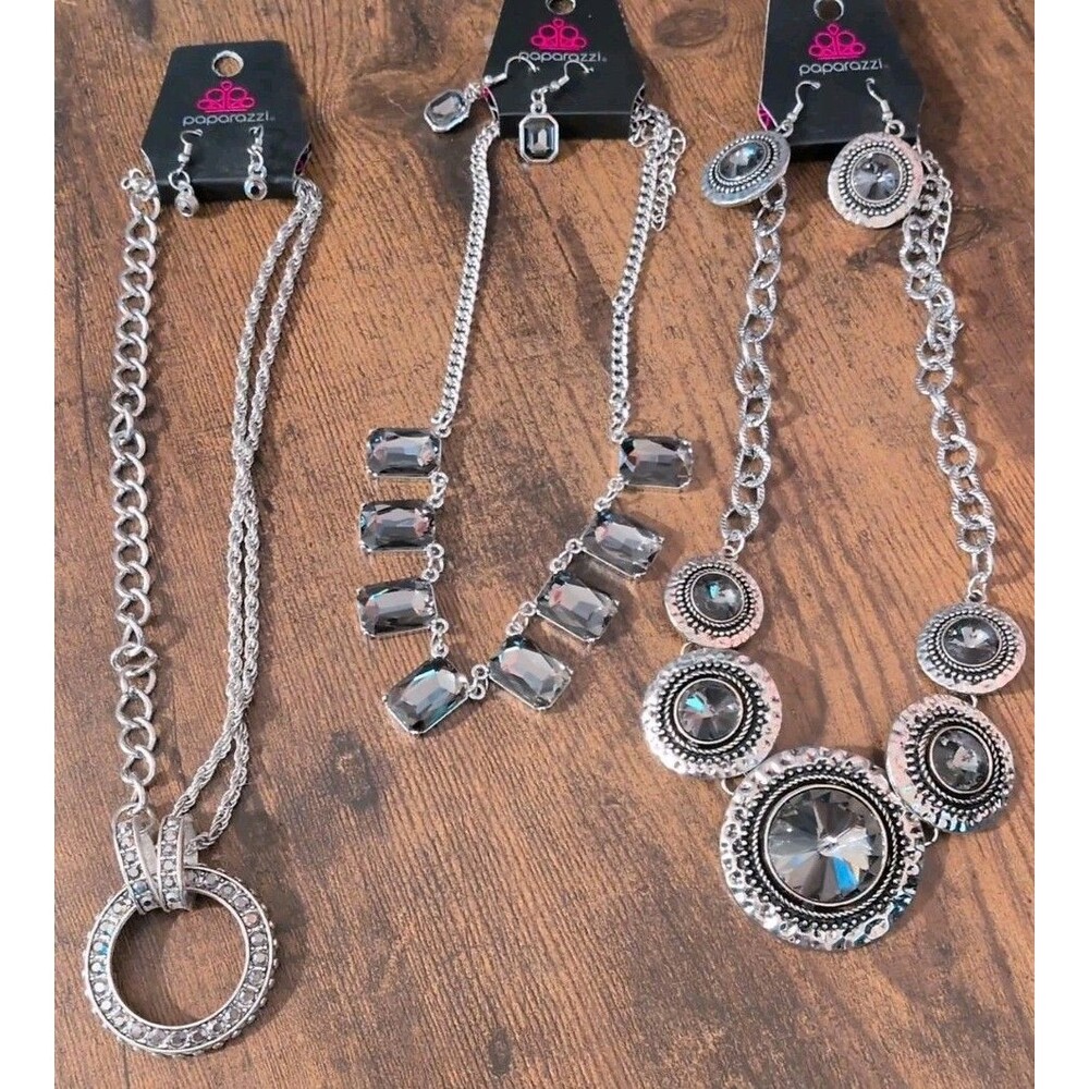 Paparazzi Jewelry Lot Of 3 Necklaces Silver Bling Sparkle Bold Chunky